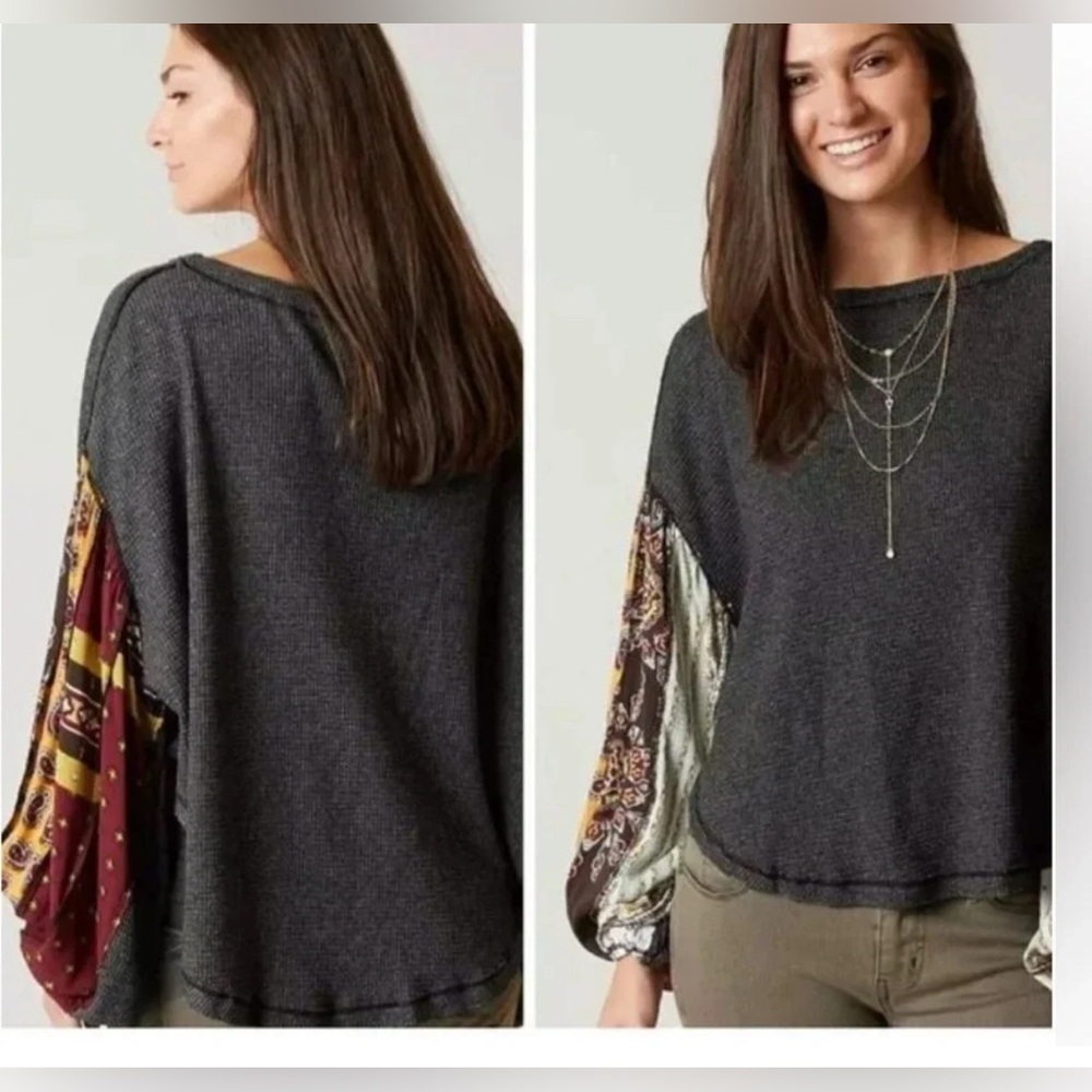 We The Free Charcoal Knit Top with Floral Print Sleeves
